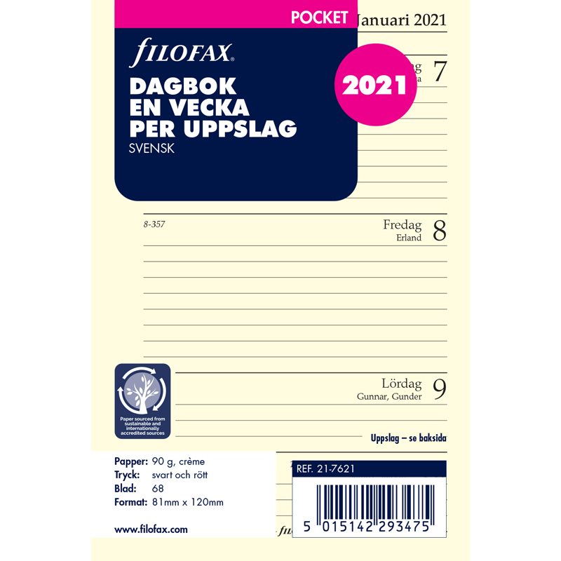 Kalenderinsats 2021, Pocket, en vecka/uppslag (svensk)
