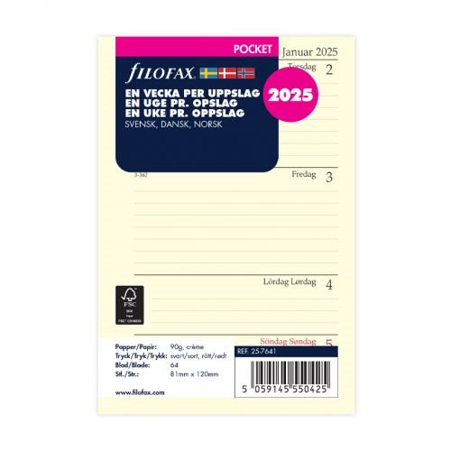 Dagbok Pocket 2025 Vecka Per Uppslag Svensk/Dansk/Norsk
