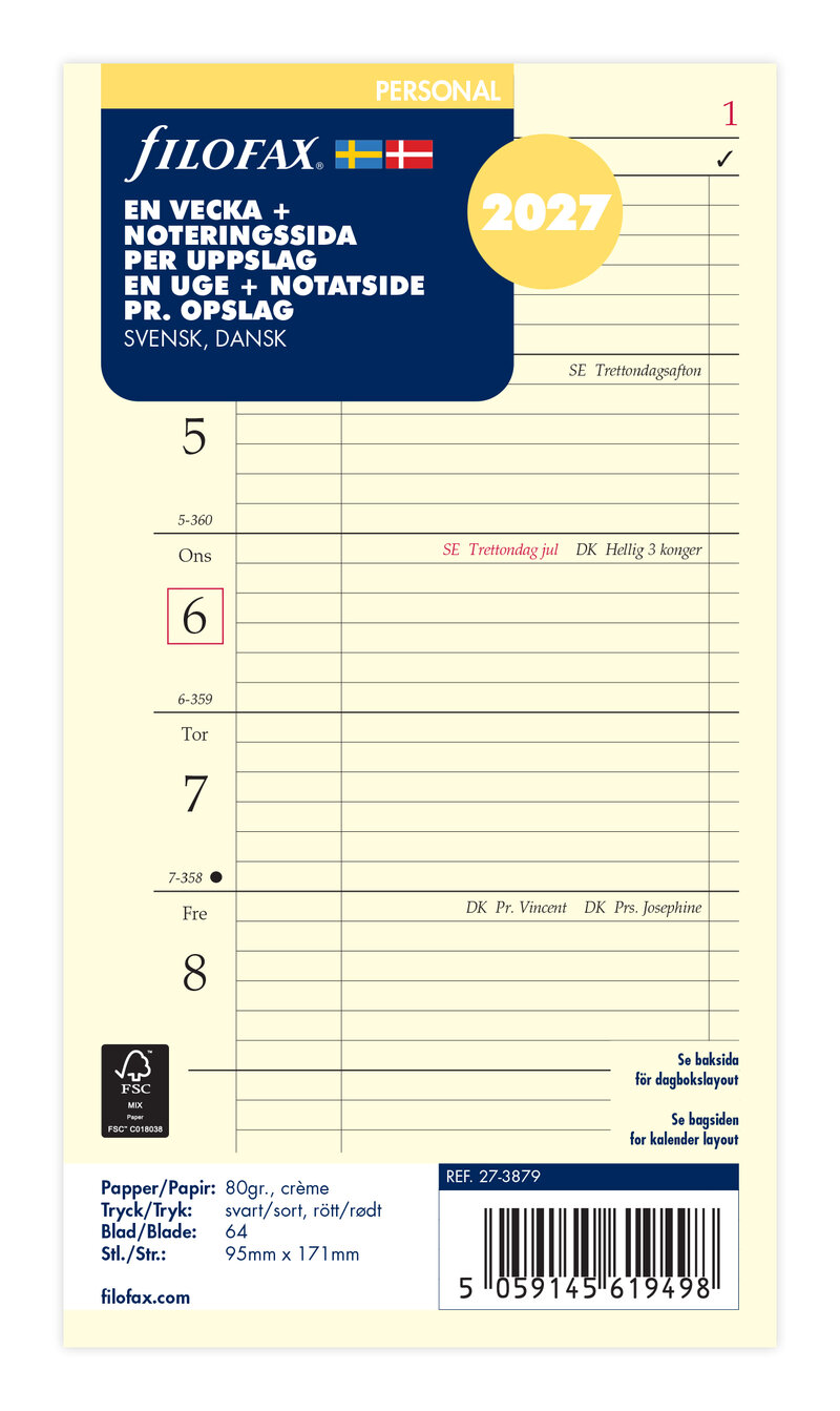 Filofax - Personal Refill 2027 Vecka/Sida + Notes Svensk/Dansk