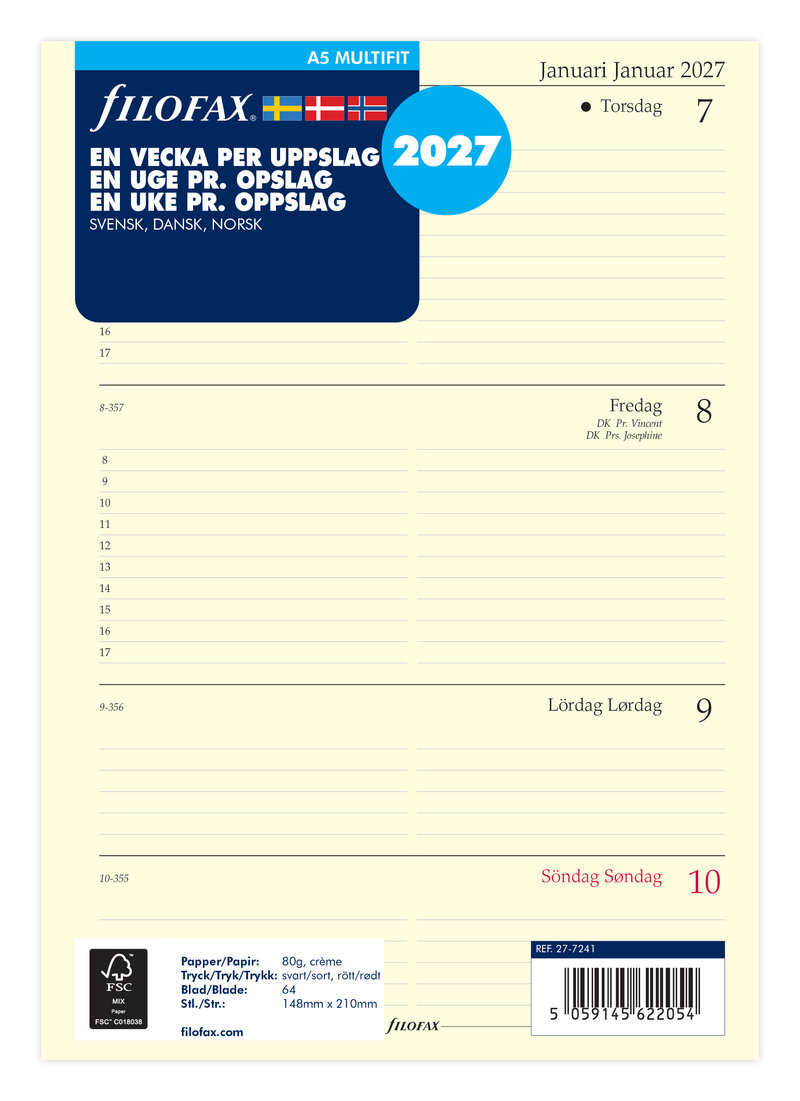 Filofax - A5 Refill 2027 Vecka/Uppslag