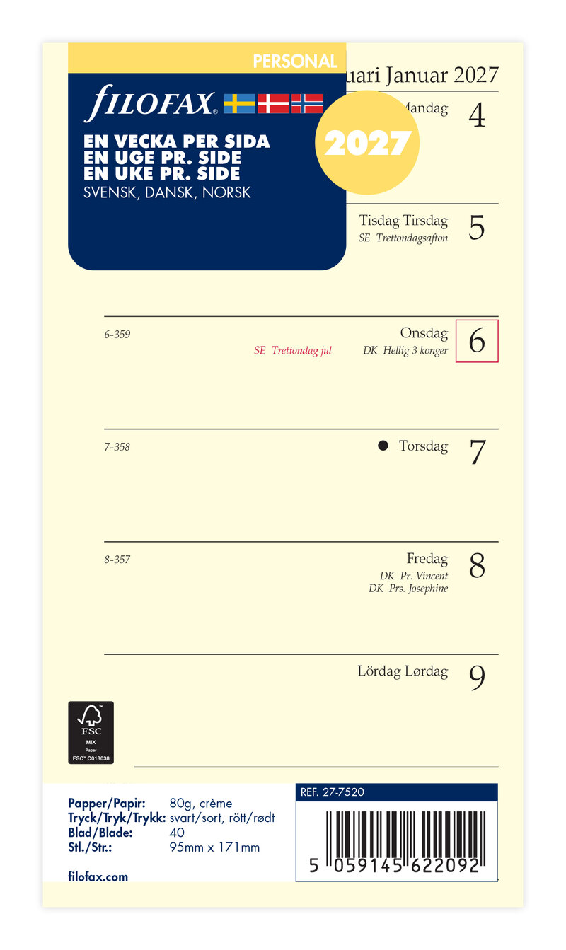 Filofax - Personal Refill 2027 Vecka/Sida