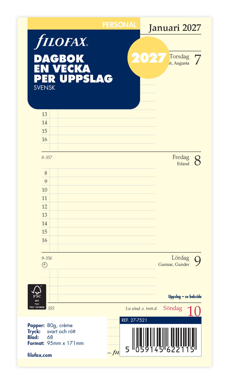 Filofax - Personal 2027 Vecka Per Uppslag Svensk