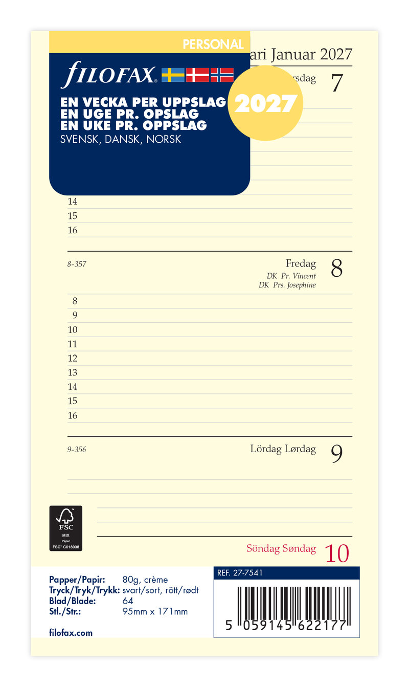 Filofax - Personal Refill 2027 Vecka/Uppslag