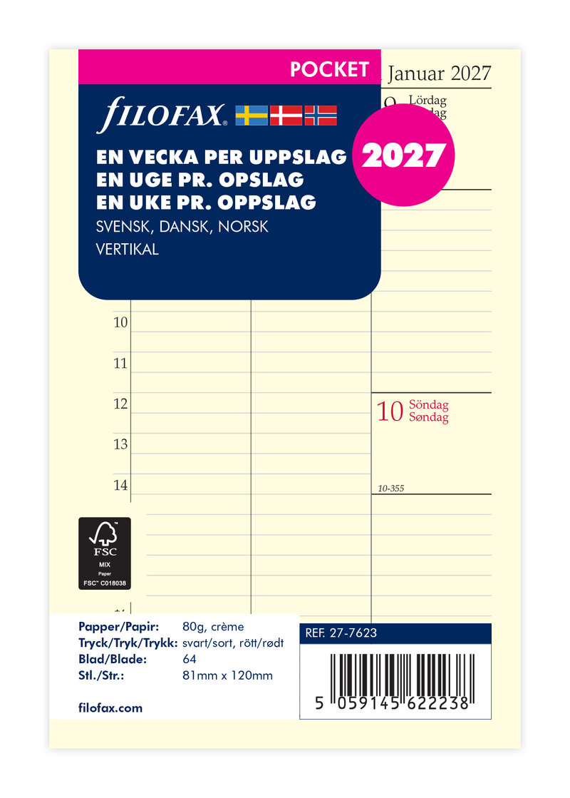 Filofax - Pocket Refill 2027 Vecka/Uppslag Vertikal