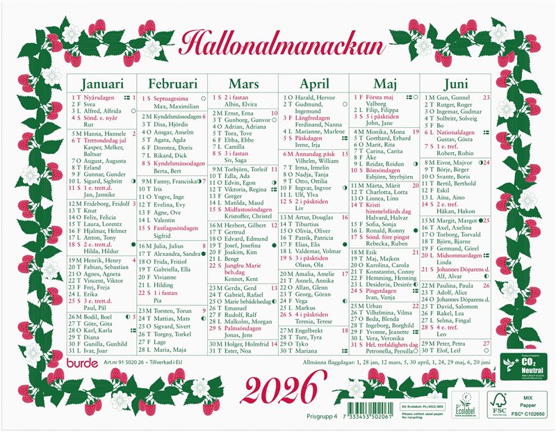 Väggkalender 2026 Lilla Hallonalmanackan