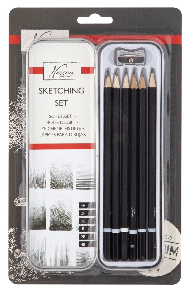 Teckningsset i metallask : 6 blyertspennor + pennvässare